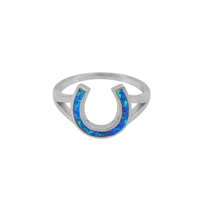 Blue Fire Opal Horseshoe Ring - Click Image to Close